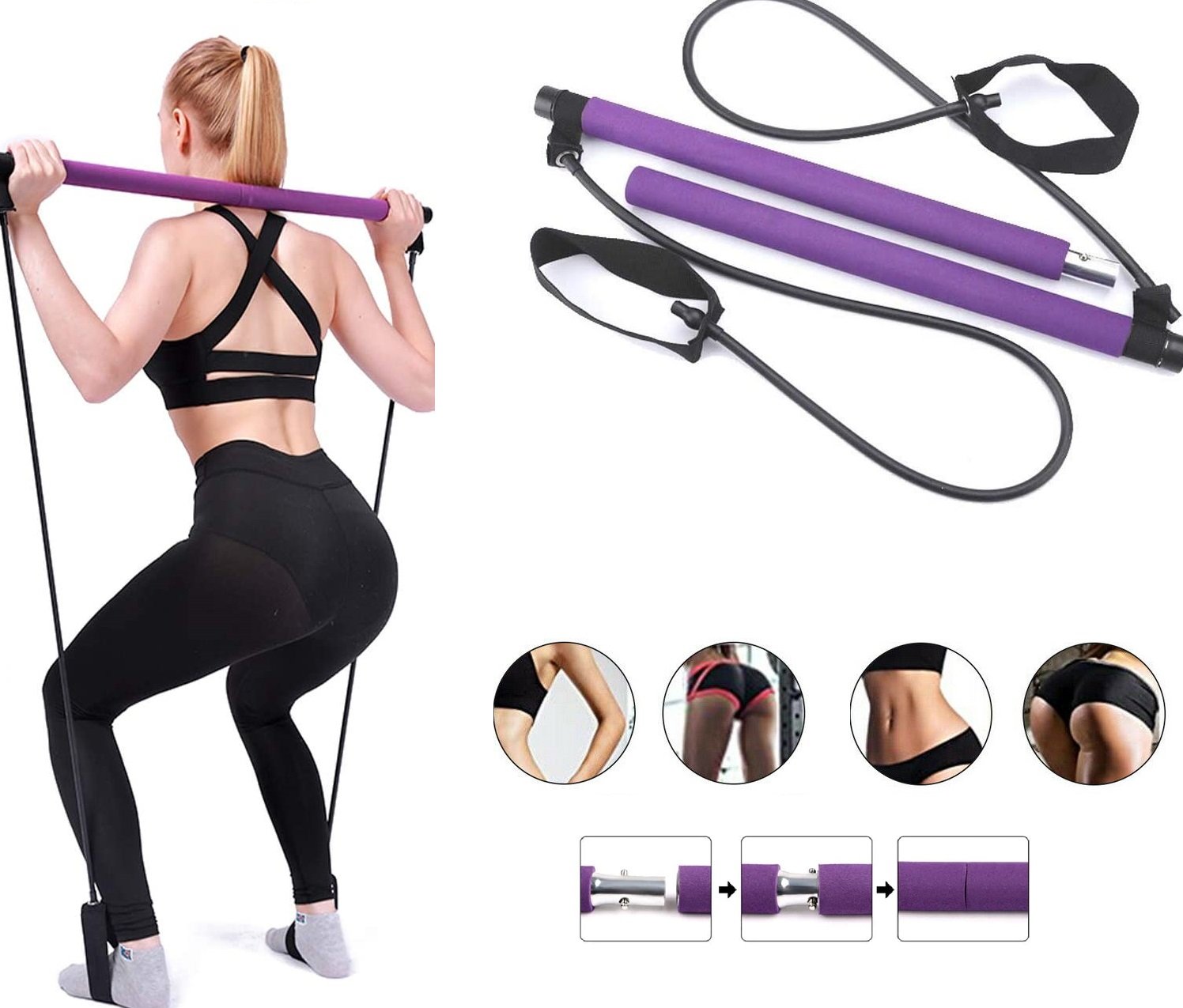 Pilates Bar Kit W/Resistance Band Adjustable Exercise Stick Toning
